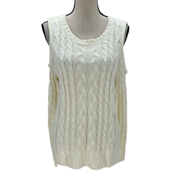 Hippie Rose Long Sleeve Crew Neck Cold Shoulder Cable Knit Sweater - Ivory - Lrg - Picture 1 of 9
